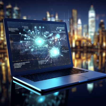 Laptop show business transaction on screen, Cyber Security and data protection, business and financial transaction data encryption, AI Generativeの素材