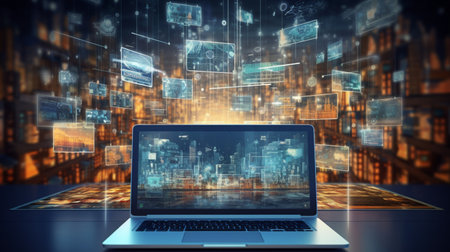 Laptop show business transaction on screen, Cyber Security and data protection, business and financial transaction data encryption, AI Generativeの素材
