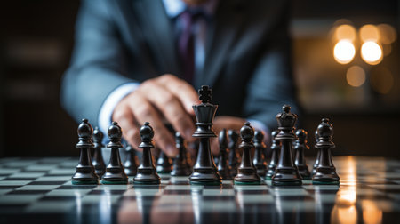 Businessman control chess game concept for ideas business strategy management, development new strategy plan, leader and teamwork, planning for competition, AI Generativeの素材