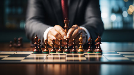 Businessman control chess game concept for ideas business strategy management, development new strategy plan, leader and teamwork, planning for competition, AI Generativeの素材