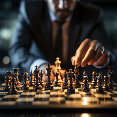 Businessman control chess game concept for ideas business strategy management, development new strategy plan, leader and teamwork, planning for competition, AI Generativeの素材