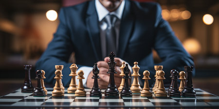 Businessman control chess game concept for ideas business strategy management, development new strategy plan, leader and teamwork, planning for competition, AI Generativeの素材