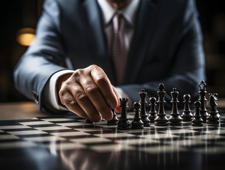 Businessman control chess game concept for ideas business strategy management, development new strategy plan, leader and teamwork, planning for competition, AI Generativeの素材