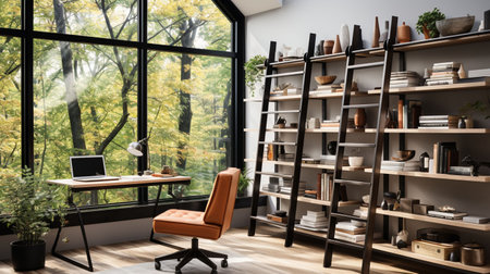 A minimal home office with view from window, wall-mounted desk, modern chair and a bookcaseの素材