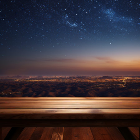 A Wooden Platform overlooking Beautiful Desert at night Scenery, Serene view, mockup with copy space, night sky view.の素材