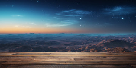 A Wooden Platform overlooking Beautiful Desert at night Scenery, Serene view, mockup with copy space, night sky view.の素材