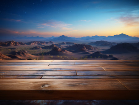 A Wooden Platform overlooking Beautiful Desert at night Scenery, Serene view, mockup with copy space, night sky view.の素材
