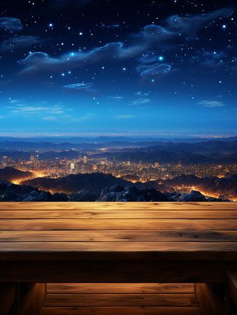 A Wooden Platform overlooking Beautiful Desert at night Scenery, Serene view, mockup with copy space, night sky view.の素材