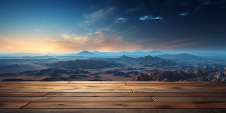 A Wooden Platform overlooking Beautiful Desert at night Scenery, Serene view, mockup with copy space, night sky view.の素材
