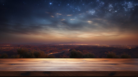 A Wooden Platform overlooking Beautiful Desert at night Scenery, Serene view, mockup with copy space, night sky view.の素材
