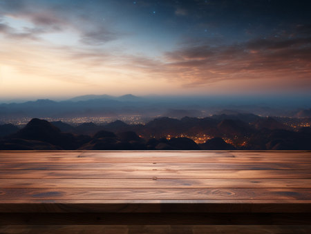 A Wooden Platform overlooking Beautiful Desert at night Scenery, Serene view, mockup with copy space, night sky view.の素材
