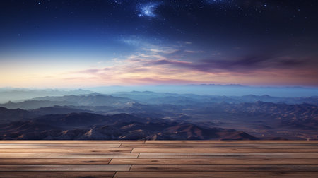 A Wooden Platform overlooking Beautiful Desert at night Scenery, Serene view, mockup with copy space, night sky view.の素材