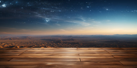 A Wooden Platform overlooking Beautiful Desert at night Scenery, Serene view, mockup with copy space, night sky view.の素材