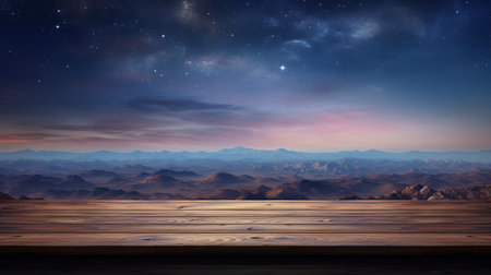 A Wooden Platform overlooking Beautiful Desert at night Scenery, Serene view, mockup with copy space, night sky view.の素材