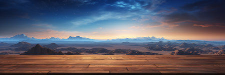 A Wooden Platform overlooking Beautiful Desert at night Scenery, Serene view, mockup with copy space, night sky view.の素材