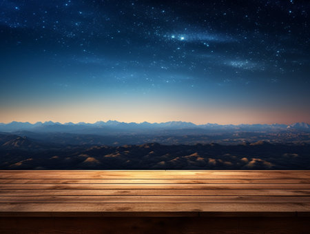 A Wooden Platform overlooking Beautiful Desert at night Scenery, Serene view, mockup with copy space, night sky view.の素材