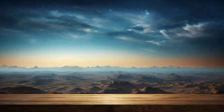 A Wooden Platform overlooking Beautiful Desert at night Scenery, Serene view, mockup with copy space, night sky view.の素材