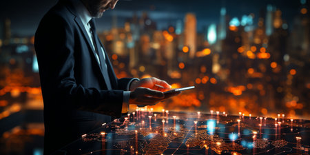 Businessman hands touch on virtual futuristic cyber city, network system, digital future and innovation in city, technology information, AI Generativeの素材