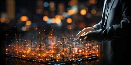 Businessman hands touch on virtual futuristic cyber city, network system, digital future and innovation in city, technology information, AI Generativeの素材