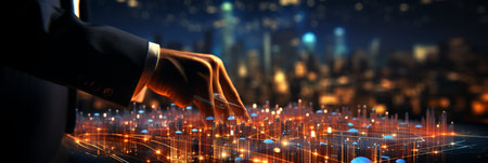 Businessman hands touch on virtual futuristic cyber city, network system, digital future and innovation in city, technology information, AI Generativeの素材