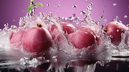 Fresh Ripe Plum with Splash effect, Juicy and tasty Fruit, Healthy Food.の素材