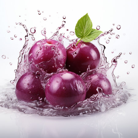 Fresh Ripe Plum with Splash effect, Juicy and tasty Fruit, Healthy Food.の素材
