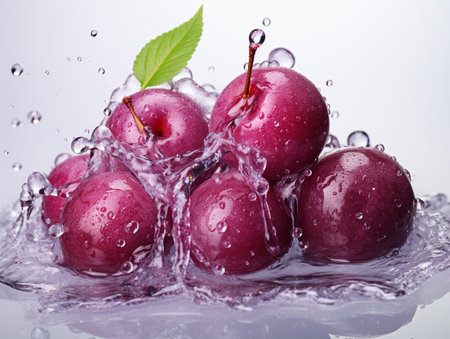 Fresh Ripe Plum with Splash effect, Juicy and tasty Fruit, Healthy Food.の素材