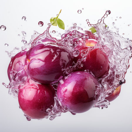 Fresh Ripe Plum with Splash effect, Juicy and tasty Fruit, Healthy Food.の素材