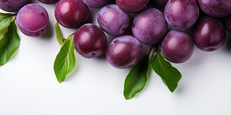 Top View of Fresh Ripe Plum on background, Juicy and tasty Fruit, Healthy Food, Copy space for text.の素材