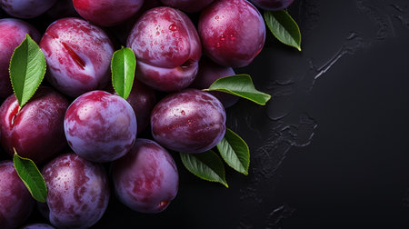 Top View of Fresh Ripe Plum on background, Juicy and tasty Fruit, Healthy Food, Copy space for text.の素材