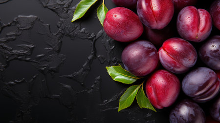 Top View of Fresh Ripe Plum on background, Juicy and tasty Fruit, Healthy Food, Copy space for text.の素材