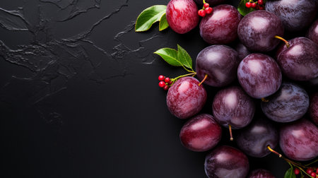 Top View of Fresh Ripe Plum on background, Juicy and tasty Fruit, Healthy Food, Copy space for text.の素材