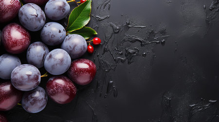Top View of Fresh Ripe Plum on background, Juicy and tasty Fruit, Healthy Food, Copy space for text.の素材