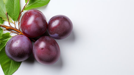 Top View of Fresh Ripe Plum on background, Juicy and tasty Fruit, Healthy Food, Copy space for text.の素材