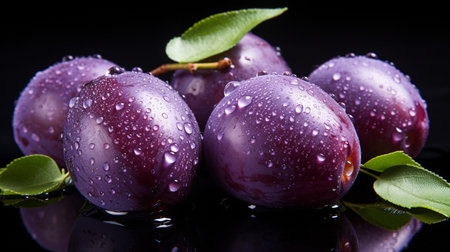 Fresh Ripe Plum on Black background, Juicy and tasty Fruit, Healthy Food.の素材