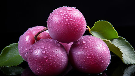 Fresh Ripe Plum on Black background, Juicy and tasty Fruit, Healthy Food.の素材