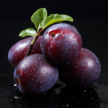 Fresh Ripe Plum on Black background, Juicy and tasty Fruit, Healthy Food.の素材