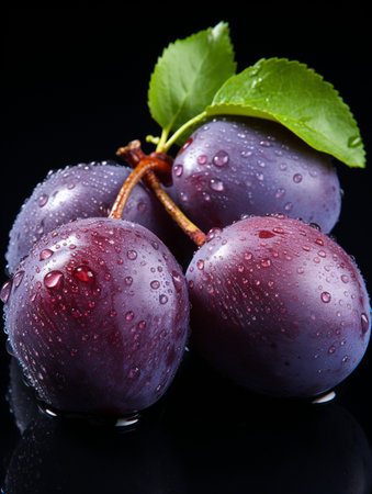 Fresh Ripe Plum on Black background, Juicy and tasty Fruit, Healthy Food.の素材