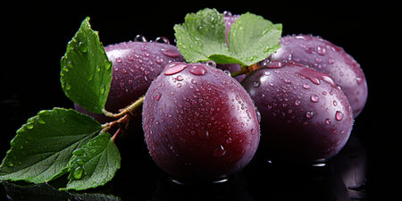 Fresh Ripe Plum on Black background, Juicy and tasty Fruit, Healthy Food.の素材