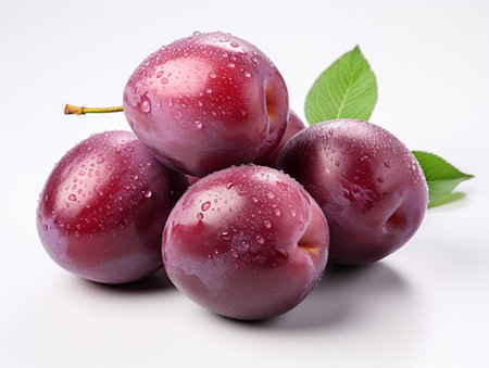 Fresh Ripe Plum on white background, Juicy and tasty Fruit, Healthy Food.の素材