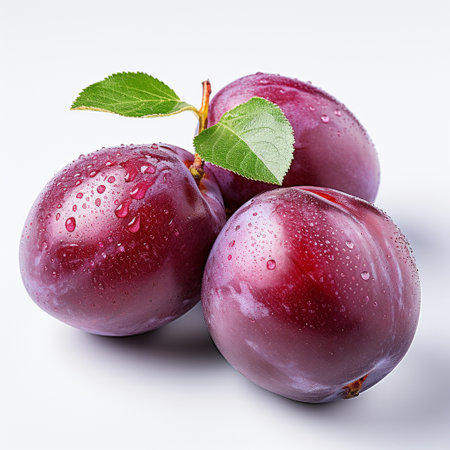 Fresh Ripe Plum on white background, Juicy and tasty Fruit, Healthy Food.の素材