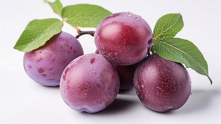 Fresh Ripe Plum on white background, Juicy and tasty Fruit, Healthy Food.の素材