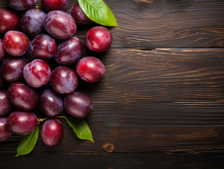 Top View of Fresh Ripe Plum on background, Juicy and tasty Fruit, Healthy Food, Copy space for text.の素材