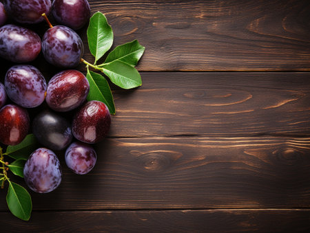 Top View of Fresh Ripe Plum on background, Juicy and tasty Fruit, Healthy Food, Copy space for text.の素材