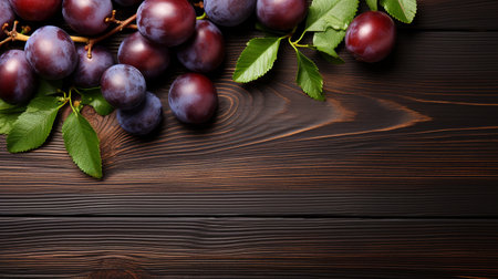 Top View of Fresh Ripe Plum on background, Juicy and tasty Fruit, Healthy Food, Copy space for text.の素材
