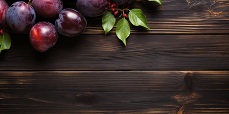 Top View of Fresh Ripe Plum on background, Juicy and tasty Fruit, Healthy Food, Copy space for text.の素材