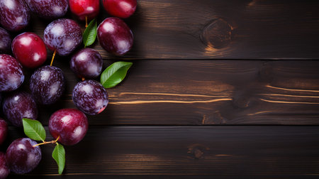 Top View of Fresh Ripe Plum on background, Juicy and tasty Fruit, Healthy Food, Copy space for text.の素材