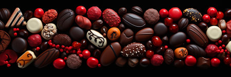 Horizontal banner with chocolate candies and berries on black background.の素材