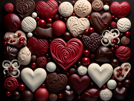 Valentine's Day background with chocolate candies, hearts and berriesの素材
