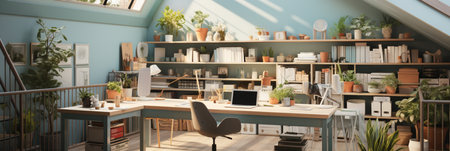 Interior design modern home office, Comfortable workplace, desk with computer monitor, stylish study room, beautiful home studio, AI Generativeの素材